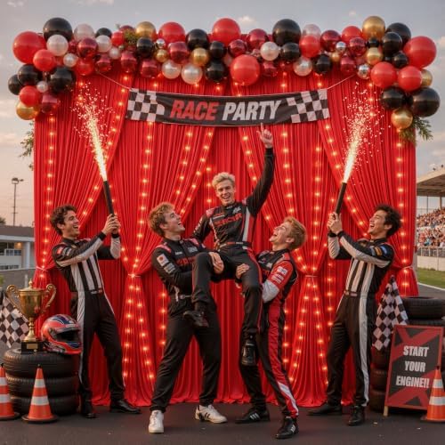 20x10ft Red Backdrop Curtains with Lights String for Parties, 4 Panels in 5'(W) x 10'(H),4 panels in Red, alternate view 2