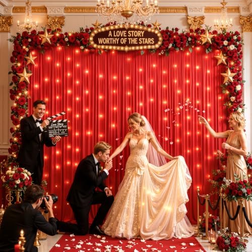 20x10ft Red Backdrop Curtains with Lights String for Parties, 4 Panels in 5'(W) x 10'(H),4 panels in Red, alternate view 3