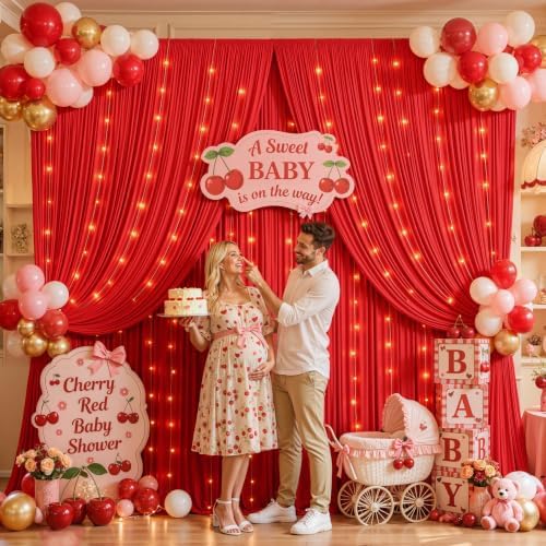 20x10ft Red Backdrop Curtains with Lights String for Parties, 4 Panels in 5'(W) x 10'(H),4 panels in Red, alternate view 6