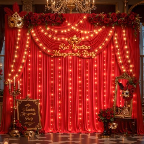 20x10ft Red Backdrop Curtains with Lights String for Parties, 4 Panels in 5'(W) x 10'(H),4 panels in Red, alternate view 7