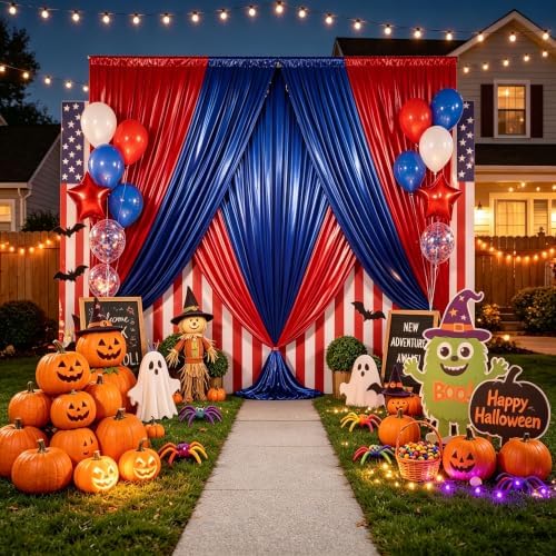 20x10FT Royal Blue and Red Sequin Backdrop Curtains for Halloween Parties in 20x10FT
