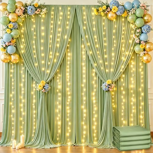 20x10ft Sage Green Backdrop Curtain with Lights String for Parties 4 Panels in 5'(W) x 10'(H),4 panels in Sage, alternate