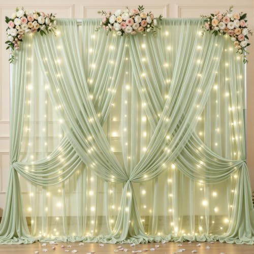 20x10ft Sage Green Tulle Backdrop Curtains with Lights String for Parties, Wrinkle Free Sheer Curtain Wedding