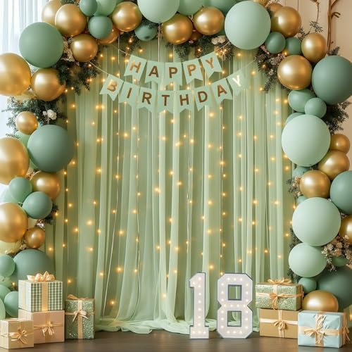 20x10ft Sage Green Tulle Backdrop Curtains with Lights String for Parties, Wrinkle Free Sheer Curtain Wedding, alternate view