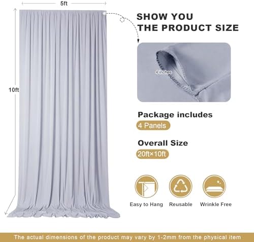 20x10ft Silver Backdrop Curtains for Parties, 4 Panels 5x10ft Wrinkle-Free Polyester Background Curtains for, alternate view