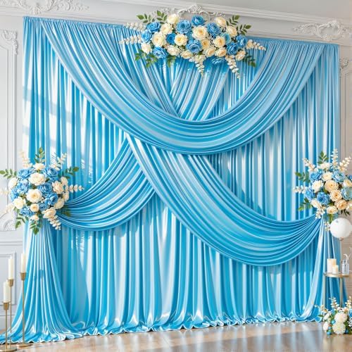 20x10ft Sky Blue Glitter Backdrop Curtain for Parties, Wrinkle Free Satin Photo Backdrop Drapes 4 Panels 5x10FT