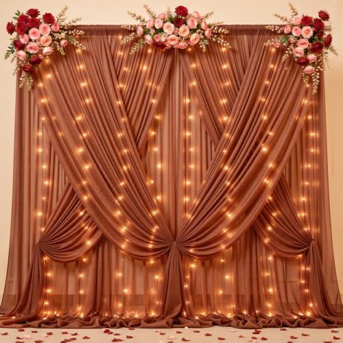 20x10ft Terracotta Tulle Backdrop Curtains with Lights String for Parties, Wrinkle Free Sheer Curtain Wedding