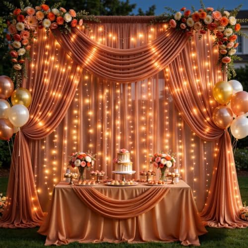 20x10ft Terracotta Tulle Backdrop Curtains with Lights String for Parties, Wrinkle Free Sheer Curtain Wedding, alternate view