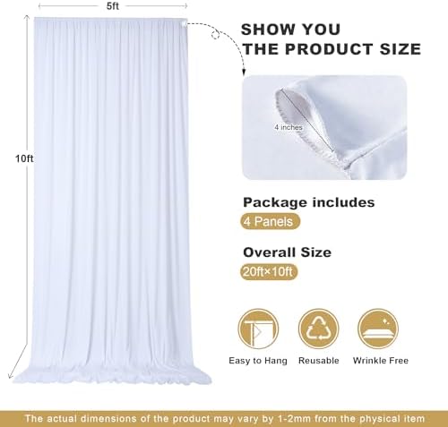 20x10ft White Backdrop Curtains for Parties, 4 Panels 5x10ft Wrinkle-Free Polyester Background Curtains for, alternate view 5