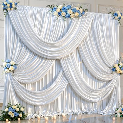 20x10ft White Glitter Backdrop Curtain for Parties, Wrinkle Free Satin Photo Backdrop Drapes 4 Panels 5x10FT