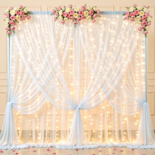 20x10ft White Tulle Backdrop Curtains with Lights String for Parties, Wrinkle Free Sheer Curtain with Lights