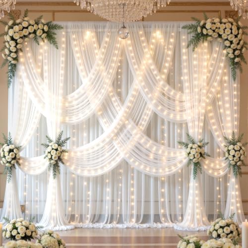 20x10ft White Tulle Backdrop Curtains with Lights String for Parties, Wrinkle Free Sheer Curtain with Lights, alternate view