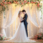 20x10ft White Tulle Backdrop Curtains with Lights String for Parties, Wrinkle Free Sheer Curtain with Lights, alternate view