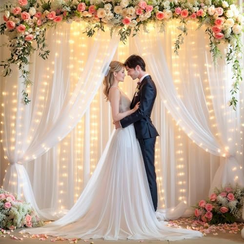 20x10ft White Tulle Backdrop Curtains with Lights String for Parties, Wrinkle Free Sheer Curtain with Lights, alternate view