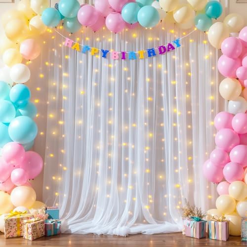 20x10ft White Tulle Backdrop Curtains with Lights String for Parties, Wrinkle Free Sheer Curtain with Lights, alternate view