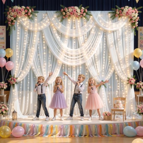20x10FT White Wrinkle Free Backdrop Curtains with Lights String for Parties - Photo Curtain Backdrop with Lights, alternate