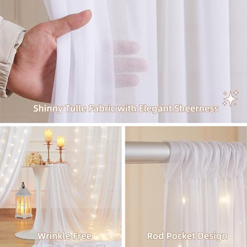 20x10FT White Wrinkle Free Backdrop Curtains with Lights String for Parties - Photo Curtain Backdrop with Lights, alternate