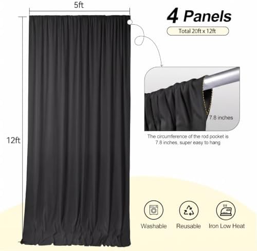 20x12ft Black Backdrop Curtains for Wedding, Wrinkle-Resistant in W5' x H12'(4 Panels) in Black, alternate view 3