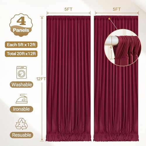 20x12ft Burgundy Backdrop Curtain Panels for Parties - Wrinkle Free Polyester Photo Curtain Backdrop Wedding, alternate view