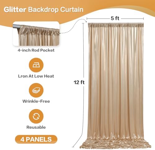 20x12FT Champagne Sequin Backdrop Curtain-4 Panels of 5x12FT Wrinkle-Free Glitter Drapes for Photography, alternate view 6