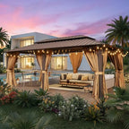 20x12FT Hardtop Gazebo with 72FT Solar String Lights Brown in 20x12FT