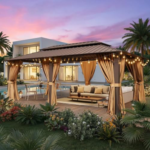 20x12FT Hardtop Gazebo with 72FT Solar String Lights Brown in 20x12FT