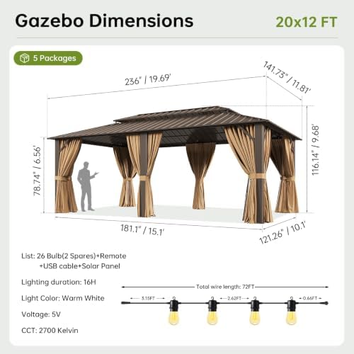 20x12FT Hardtop Gazebo with 72FT Solar String Lights Brown in 20x12FT, alternate view 2