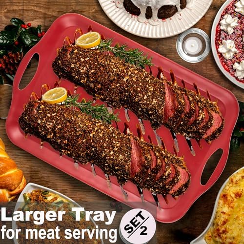 20x13 inch Extra Large Serving Tray with Handles, Set of 2, Red in 20"L x 13"W x 1.2"H in Red, alternate view 2