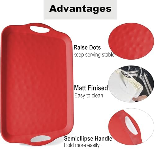 20x13 inch Extra Large Serving Tray with Handles, Set of 2, Red in 20"L x 13"W x 1.2"H in Red, alternate view 4