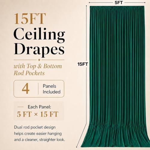 20x15 ft Drapes for Backdrop, Green Curtains for Weddings, Parties in 5ft(W)x15ft(H)_4 Panels in Green, alternate view 6
