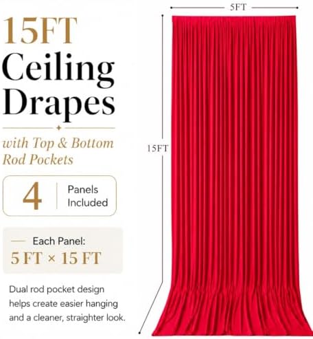 20x15 ft Drapes for Backdrop, Red Curtains for Weddings, Parties in 5ft(W)x15ft(H)_4 Panels in Red, alternate view 6