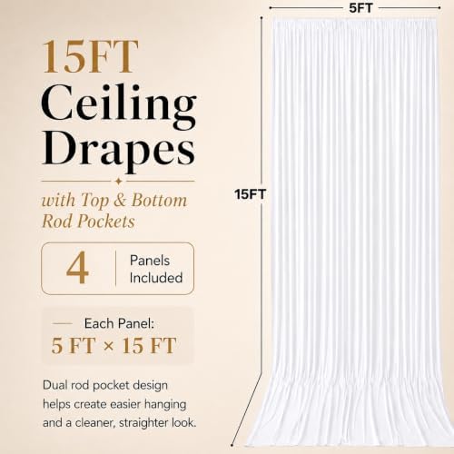 20x15 ft Drapes for Backdrop, White Curtains for Weddings, Parties in 5ft(W)x15ft(H)_4 Panels in White, alternate view 5