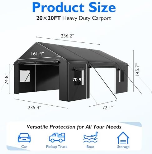 20x20 FT Heavy Duty Carport, Portable 2 Car Tent Garage in 20x20 FT, alternate view 2