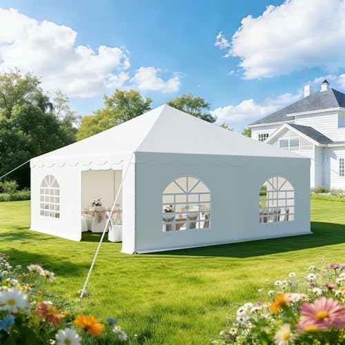 20x20 FT Outdoor Frame Party Tent with Sidewalls, Heavy Duty Weekend Canopy with Carry Bags, 350GSM PVC Large