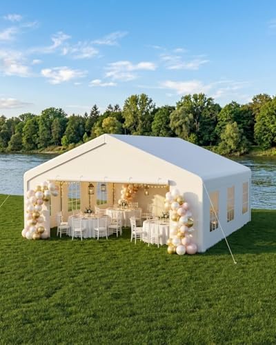 20x20 FT Outdoor Party Wedding Event Canopy Tent, Galvanized Steel Frame Shelter with Mesh Screen & Roll-Up