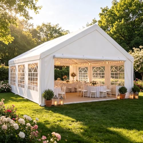 20x20 Outdoor Party Tent Heavy Duty Waterproof Canopy Shelter with 6 Sidewalls & 10 Church Windows, White Powder