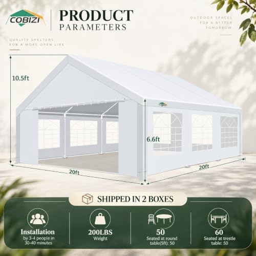 20x20 Outdoor Party Tent Heavy Duty Waterproof Canopy Shelter with 6 Sidewalls & 10 Church Windows, White Powder, alternate