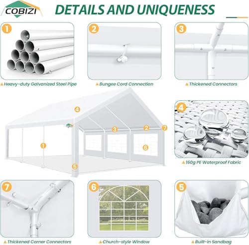 20x20 Outdoor Party Tent Heavy Duty Waterproof Canopy Shelter with 6 Sidewalls & 10 Church Windows, White Powder, alternate