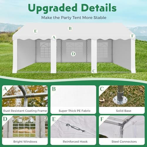 20X20FT Party Tent, White Outdoor Wedding Canopy with Removable Sidewalls and Church Windows, Heavy Duty, alternate view 4