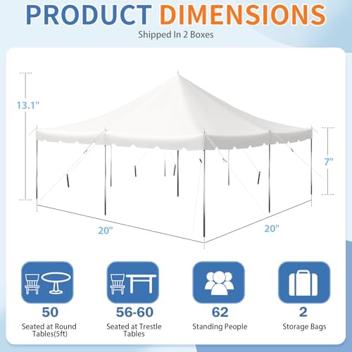 20x20FT Pole Party Tent, Heavy Duty PVC Outdoor Event Canopy with Reinforced Galvanized Steel Frame, White, alternate view 2