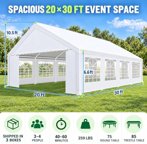 20x30 Outdoor Party Tent Heavy Duty Waterproof Canopy Shelter with 8 Sidewalls & 12 Church Windows, White Powder, alternate