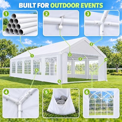 20x30 Outdoor Party Tent Heavy Duty Waterproof Canopy Shelter with 8 Sidewalls & 12 Church Windows, White Powder, alternate