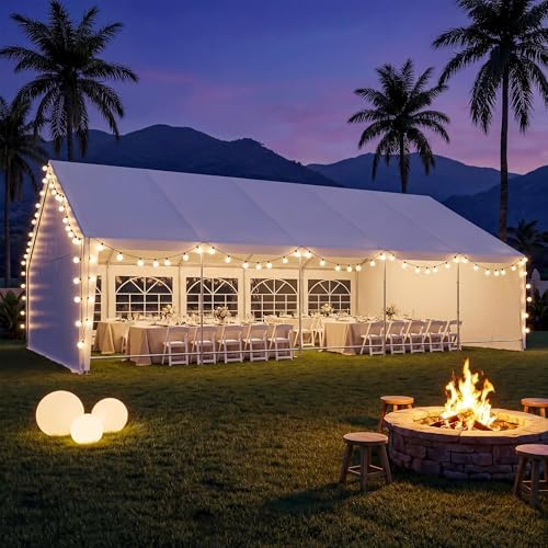 20x30 Party Tent with 100ft Lights, Heavy Duty Waterproof Canopy with Removable Sidewalls & Roll-Up Door, Large