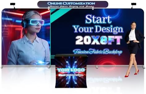 20x8 FT Tension Fabric Backdrop Display with Header HD Printed Portable Trade Show Booth Reusable Step and