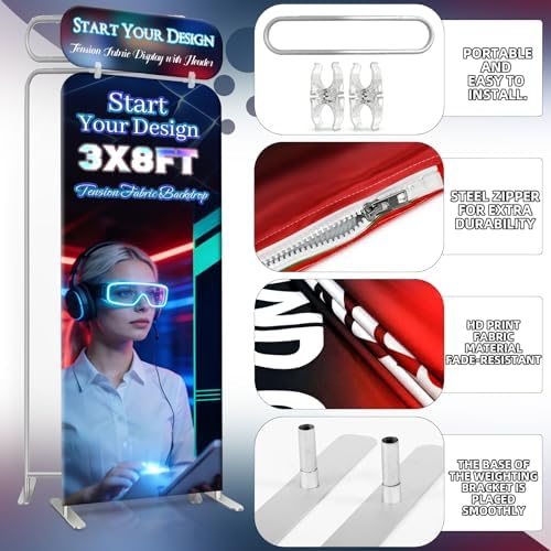 20x8 FT Tension Fabric Backdrop Display with Header HD Printed Portable Trade Show Booth Reusable Step and, alternate view 3