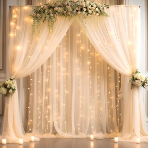 20x8ft Champagne Tulle Backdrop Curtain with Lights String for Parites, Sheer Backdrop Curtains for Wedding Baby