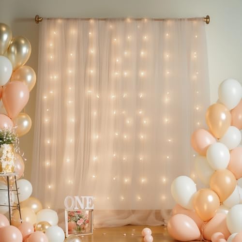20x8ft Champagne Tulle Backdrop Curtain with Lights String for Parites, Sheer Backdrop Curtains for Wedding Baby, alternate