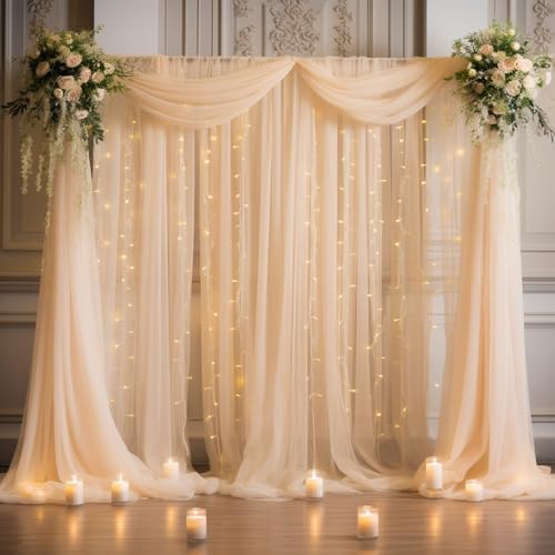 20x8ft Champagne Tulle Backdrop Curtain with Lights String for Parites, Sheer Backdrop Curtains for Wedding Baby, alternate