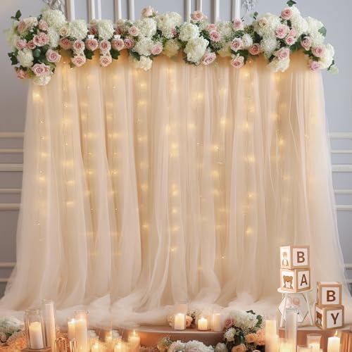 20x8ft Champagne Tulle Backdrop Curtain with Lights String for Parites, Sheer Backdrop Curtains for Wedding Baby, alternate