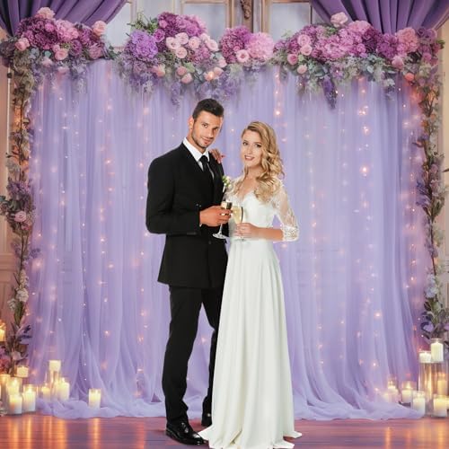 20x8ft Purple Tulle Backdrop Curtain with Lights String for Parites, Sheer Photo Backdrop Curtains with Lights, alternate